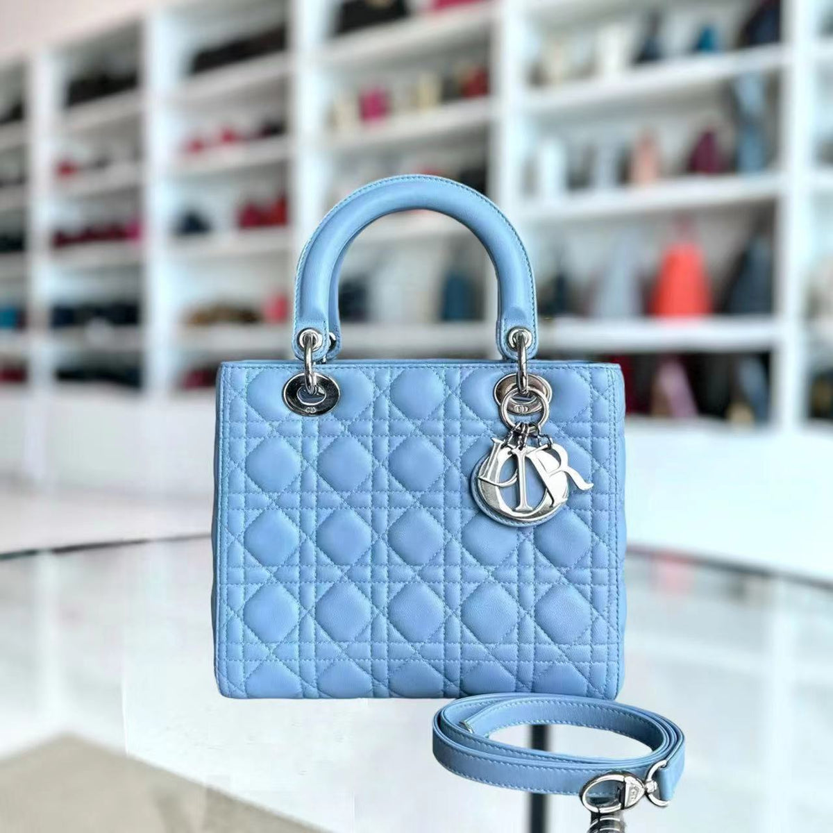 Dior Lady Medium Cannage Lambskin Light Blue SHW