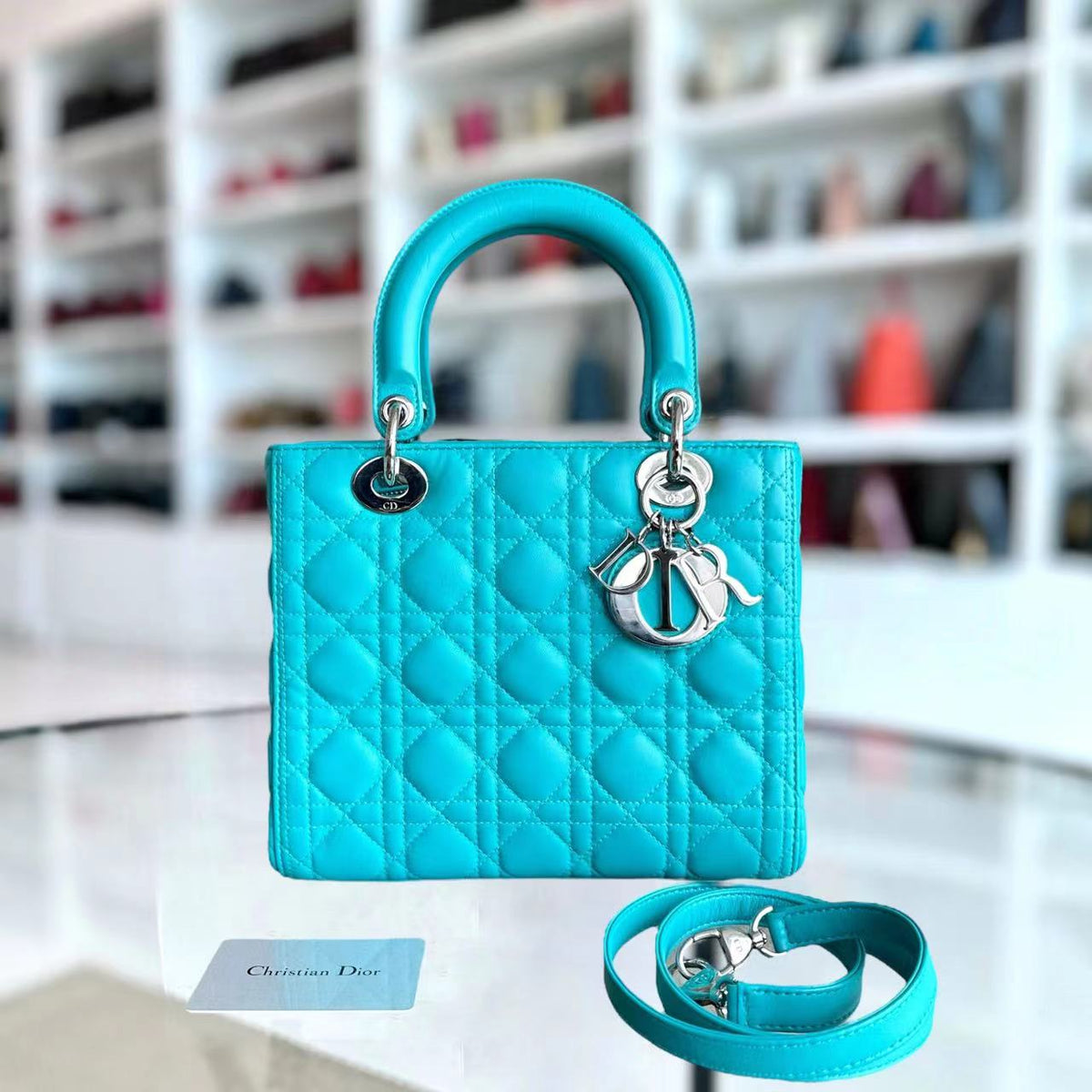 Lady Medium Cannage Lambskin Light Blue Silver Hardware