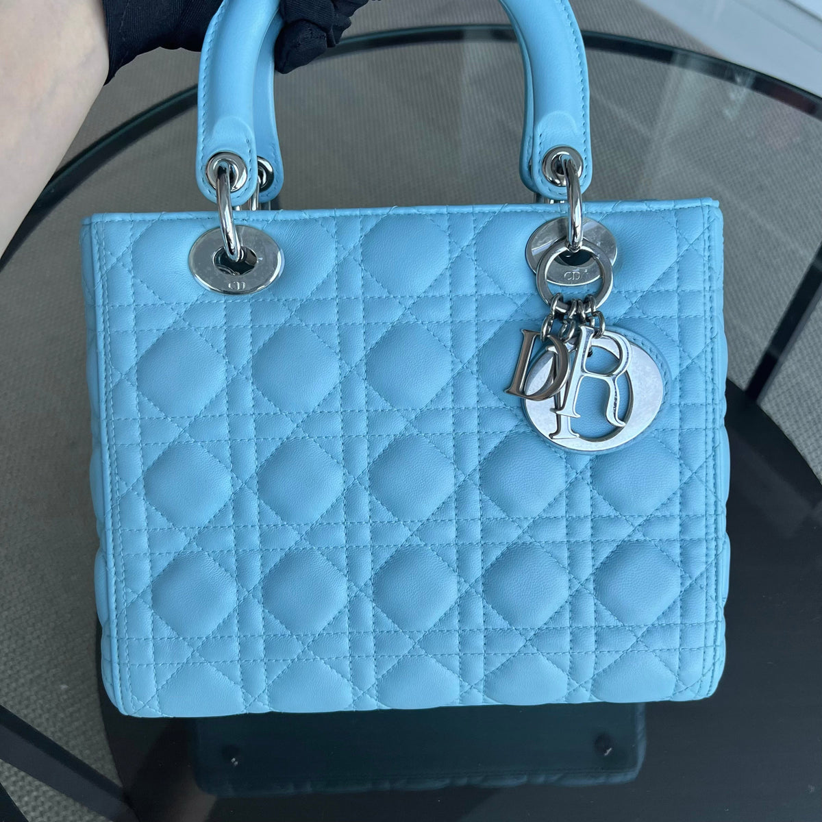 Lady Medium Cannage Lambskin Light Blue Silver Hardware