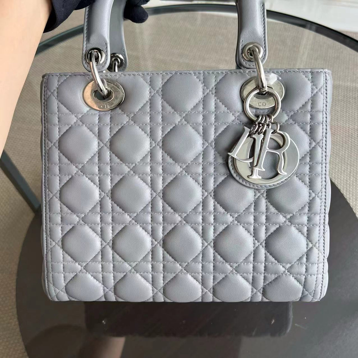Lady Medium Cannage Lambskin Light Grey Gray SHW