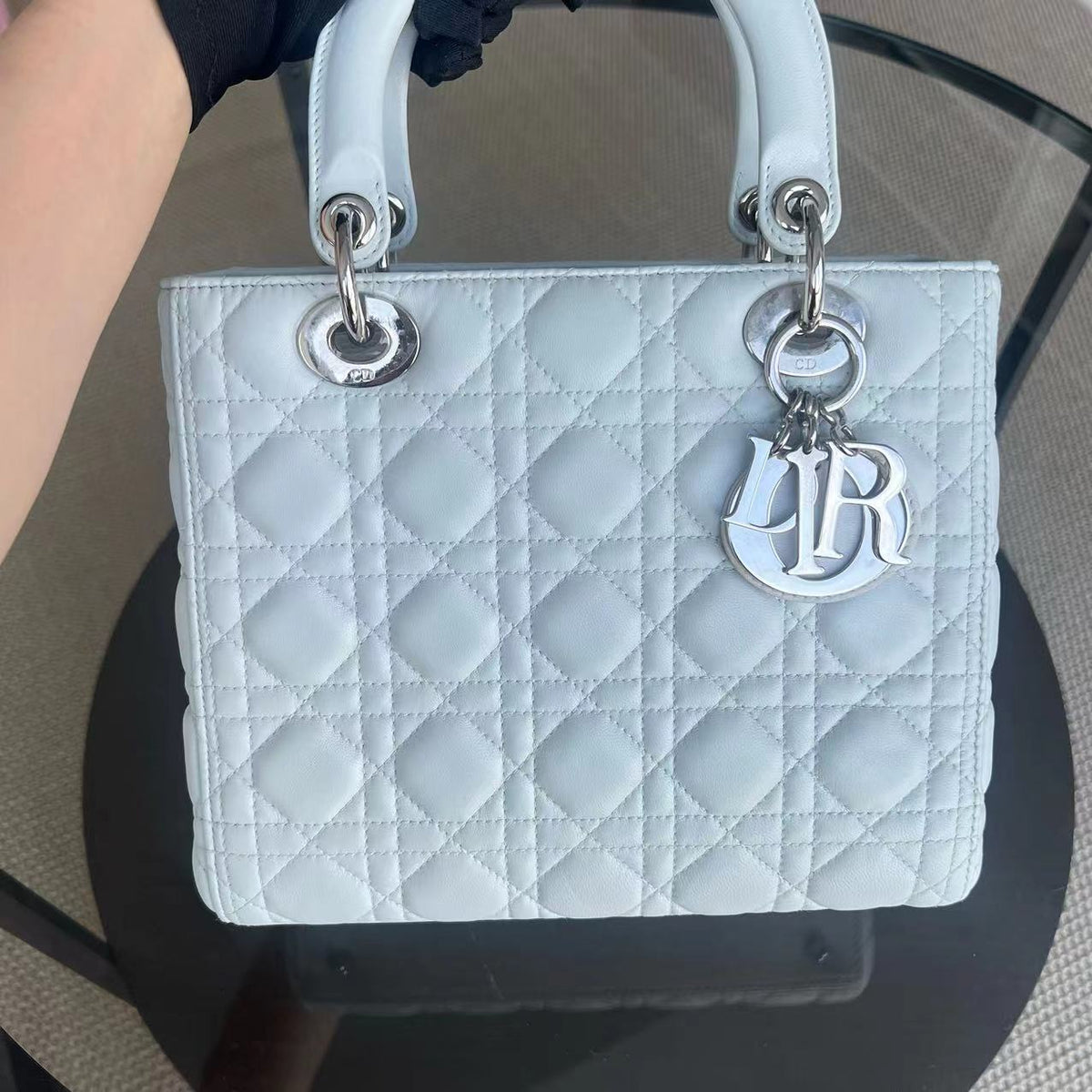 Lady Medium Cannage Lambskin White Silver Hardware