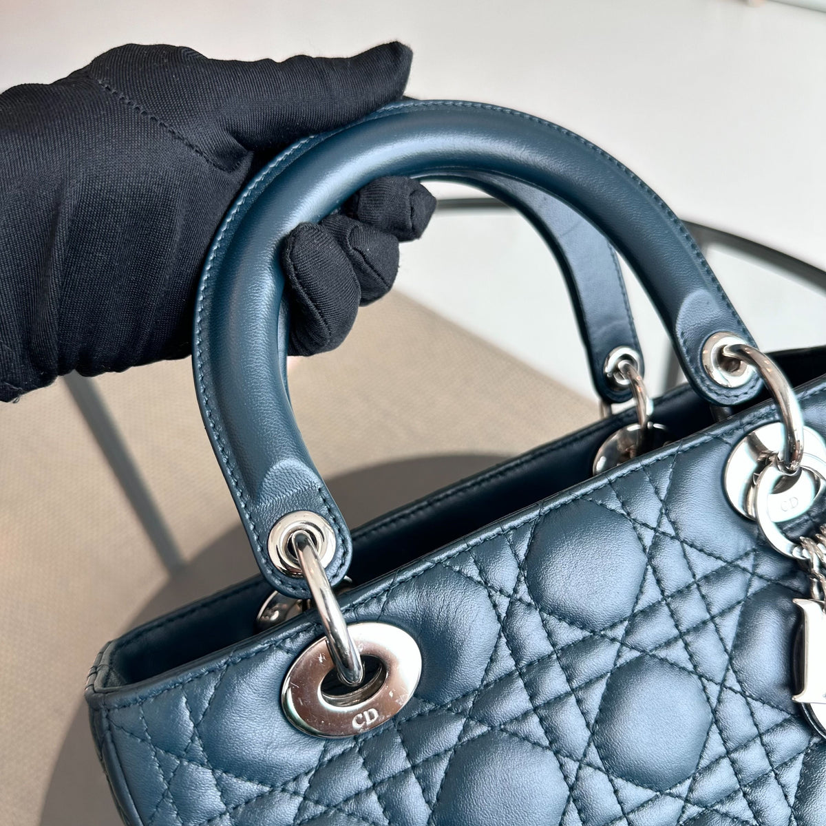 Lady Medium Lambskin Cannage Dark Blue SHW