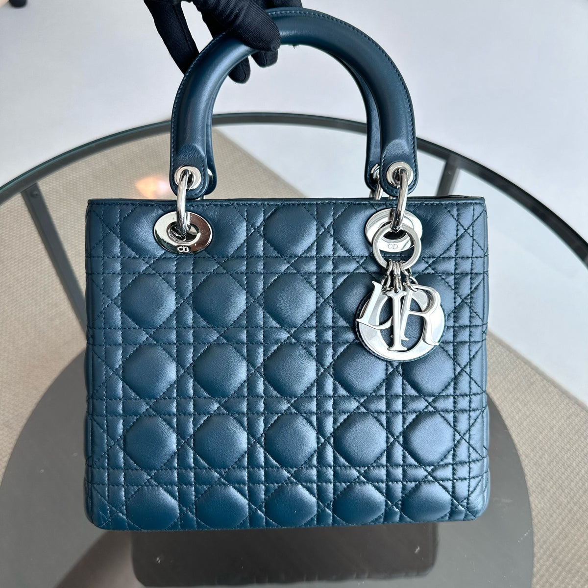 Lady Medium Lambskin Cannage Dark Blue SHW