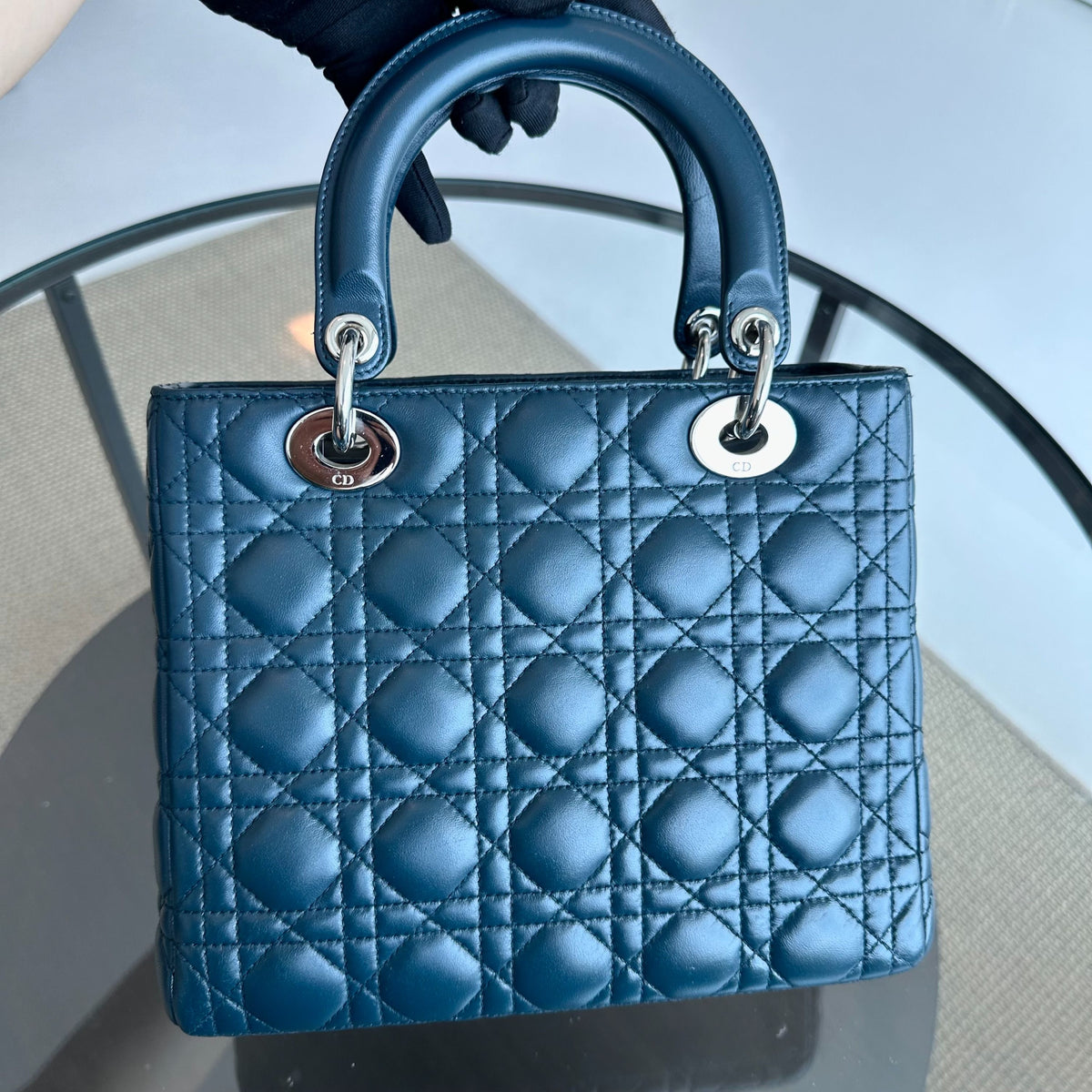 Lady Medium Lambskin Cannage Dark Blue SHW