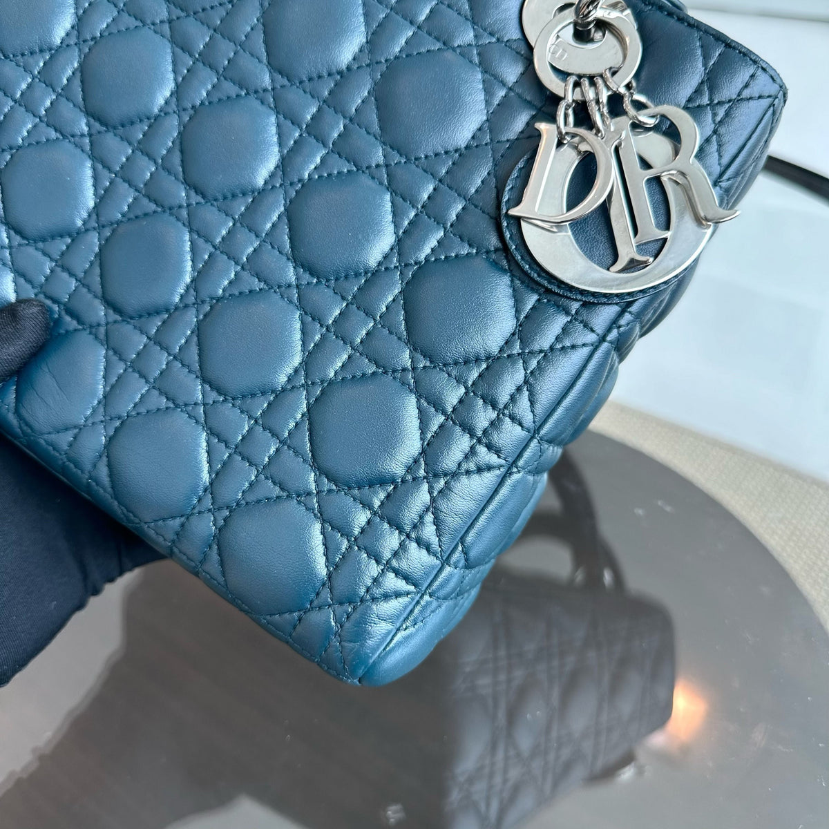 Lady Medium Lambskin Cannage Dark Blue SHW