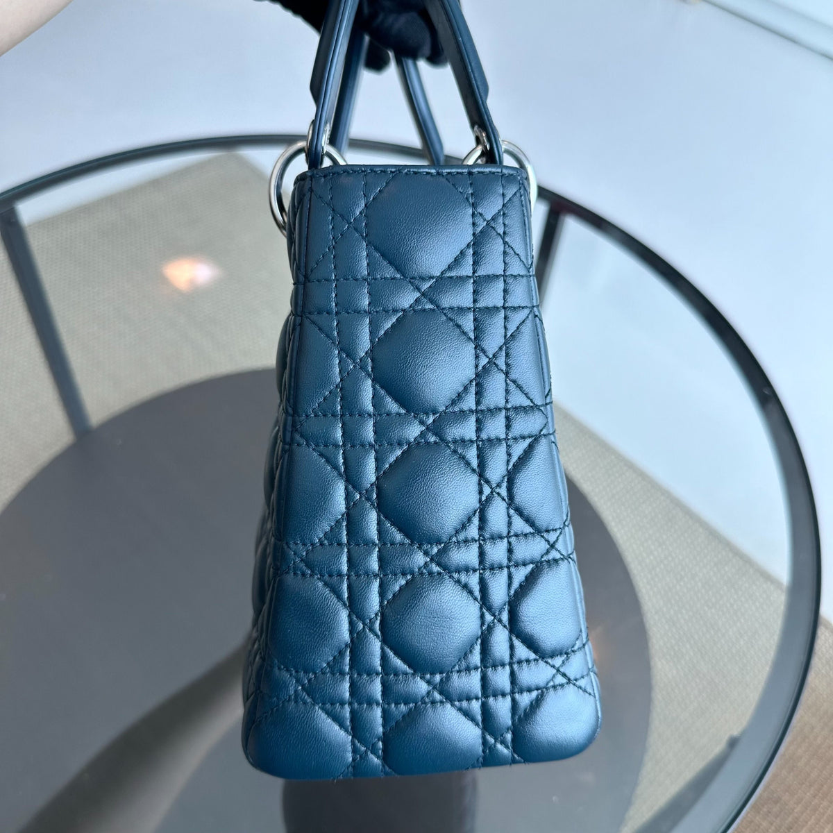 Lady Medium Lambskin Cannage Dark Blue SHW