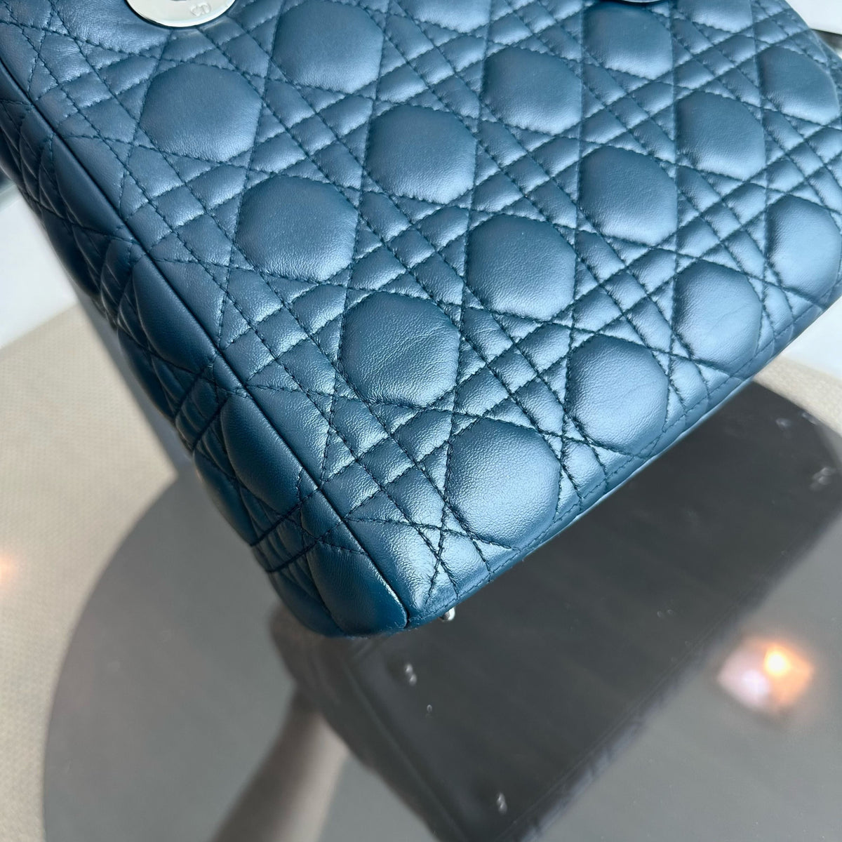 Lady Medium Lambskin Cannage Dark Blue SHW