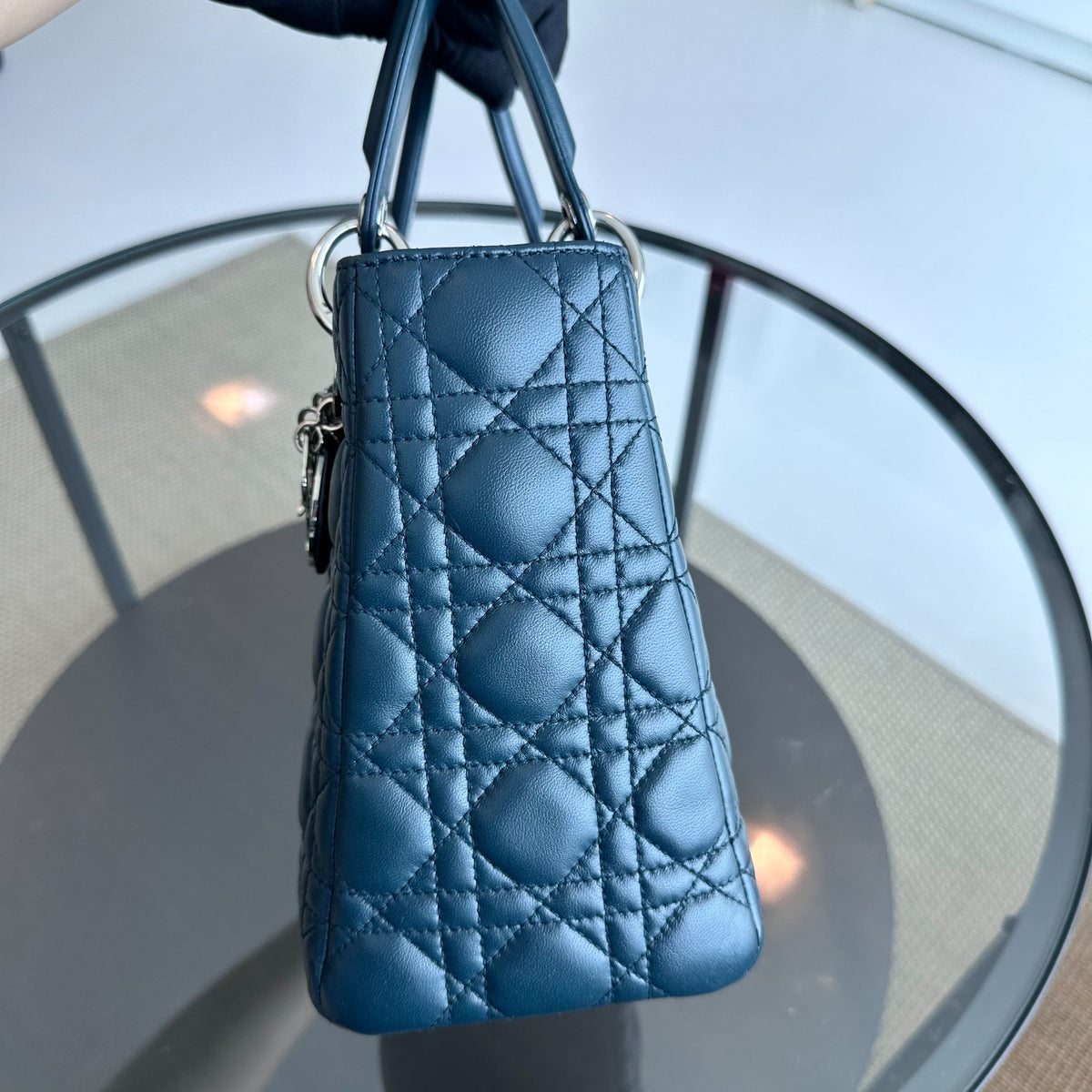 Lady Medium Lambskin Cannage Dark Blue SHW
