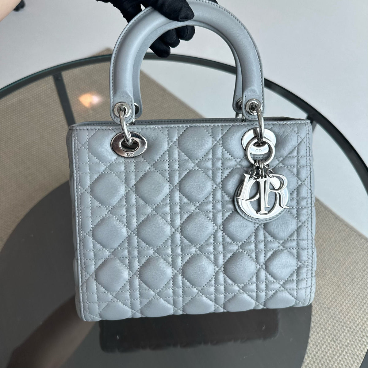 Lady Medium Lambskin Cannage Grey SHW