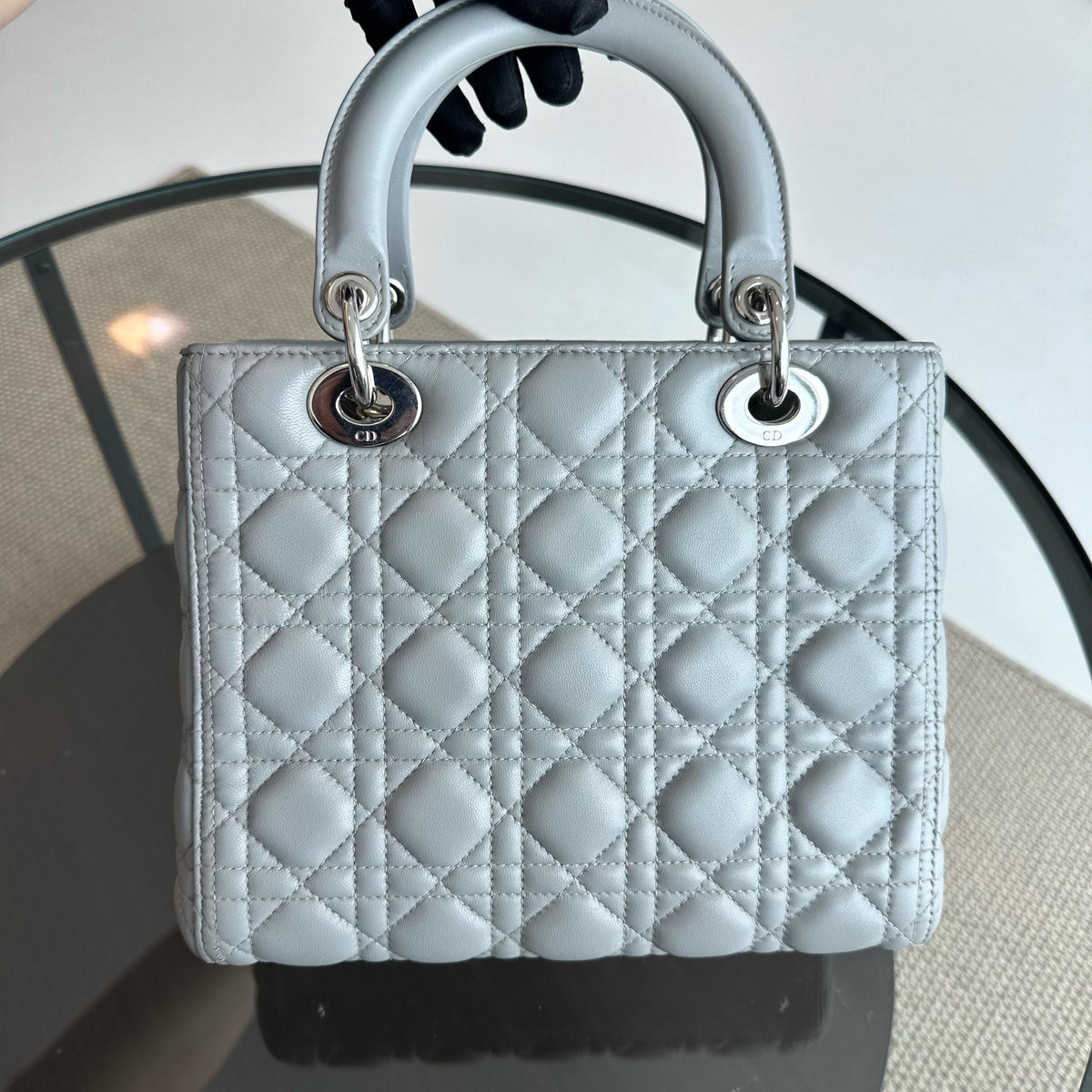 Lady Medium Lambskin Cannage Grey SHW