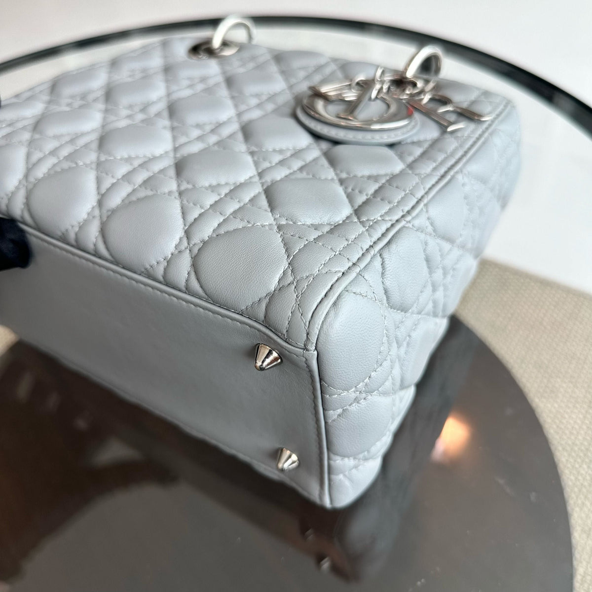 Lady Medium Lambskin Cannage Grey SHW