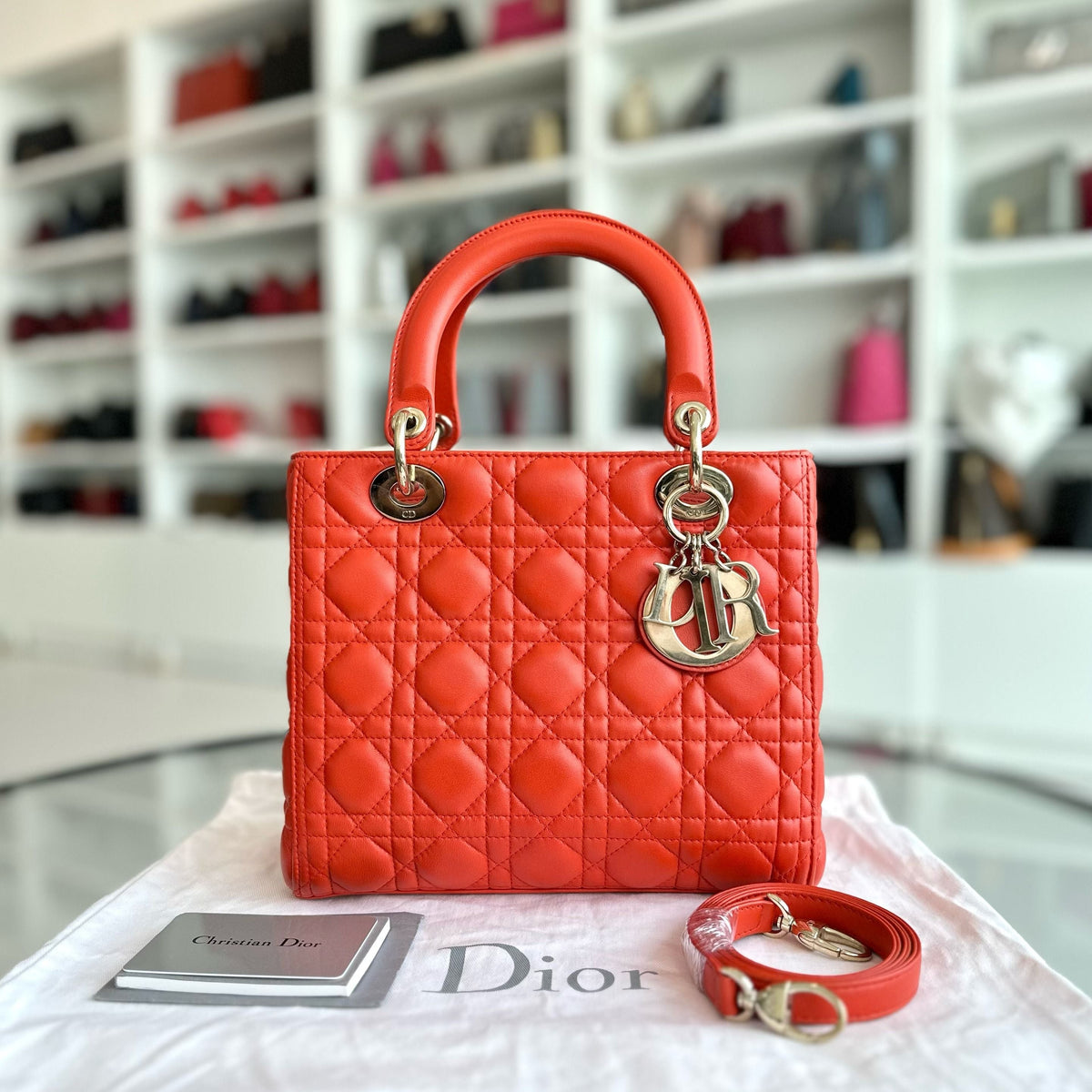 Lady Medium Lambskin Cannage Orange GHW
