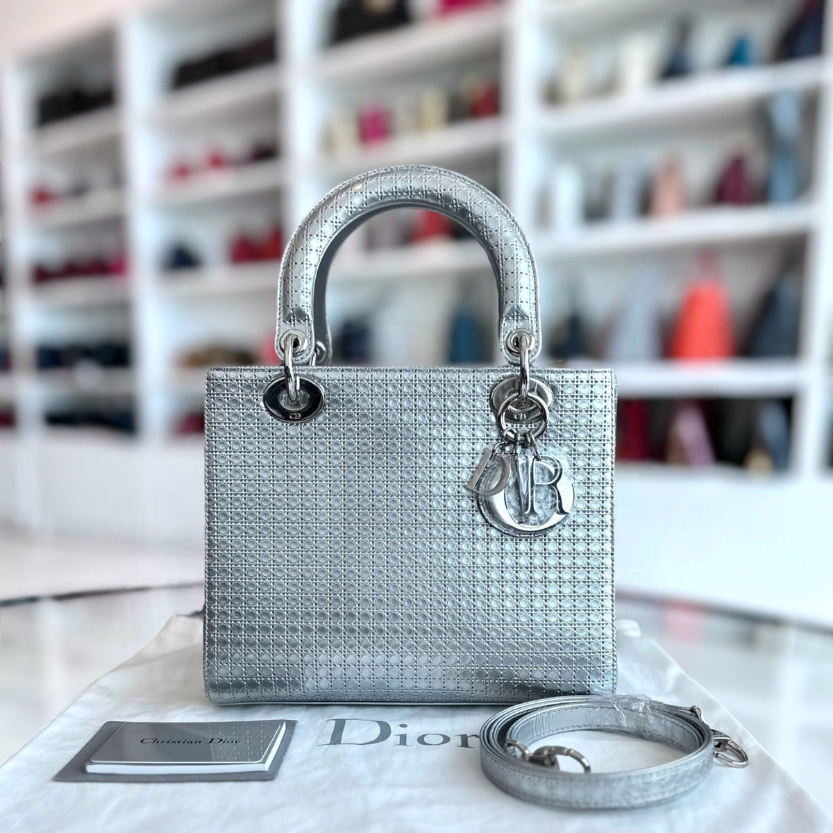 Lady Medium Micro-Cannage Metallic Calfskin Limited Edition Silver SHW