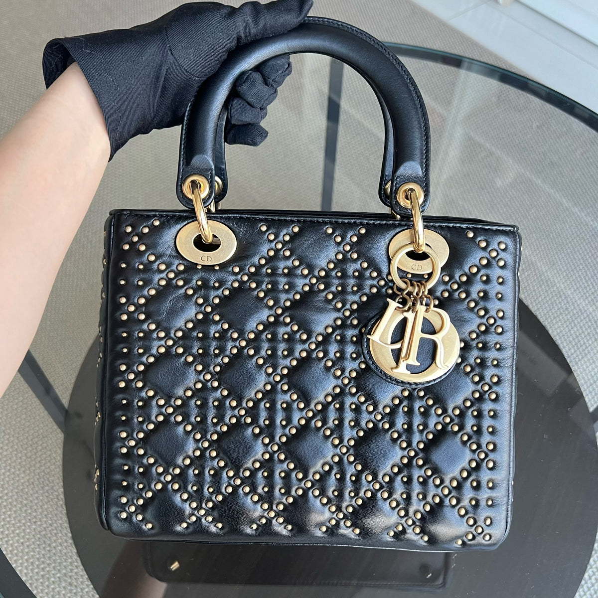 Lady Medium Studded Cannage Lambskin Black Golden Hardware