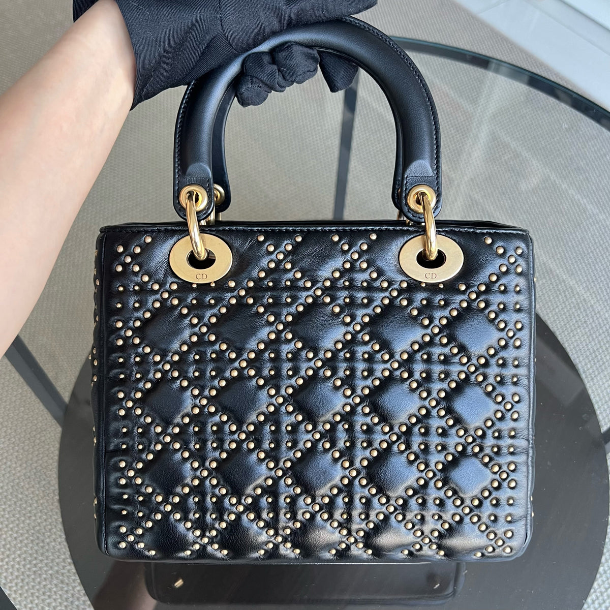 Lady Medium Studded Cannage Lambskin Black Golden Hardware