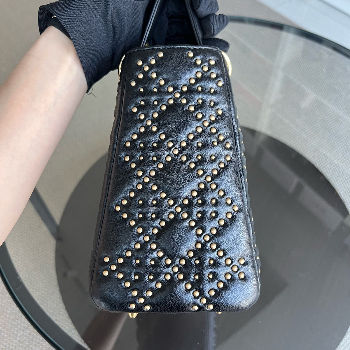 Lady Medium Studded Cannage Lambskin Black Golden Hardware