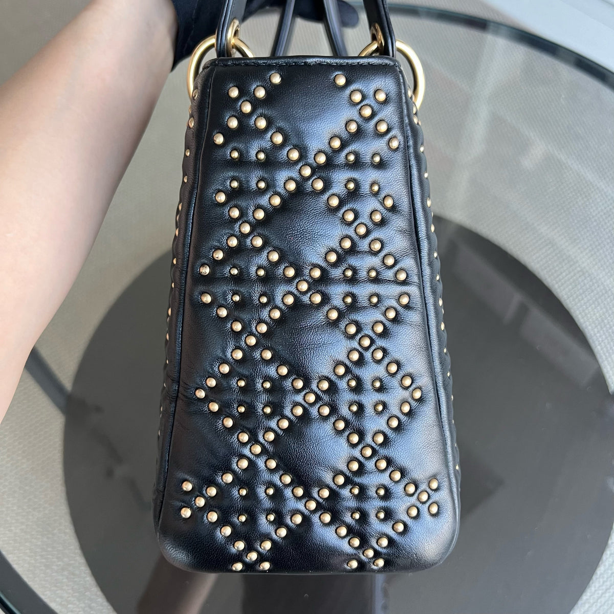 Lady Medium Studded Cannage Lambskin Black Golden Hardware