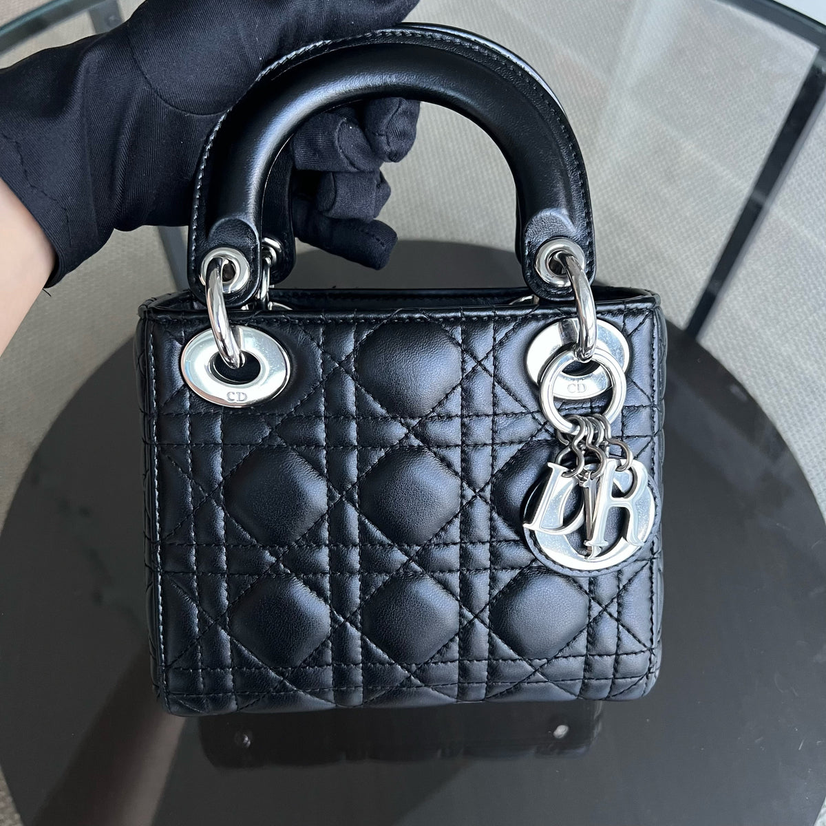 Lady Mini Cannage Lambskin Black Silver Hardware Chain Version