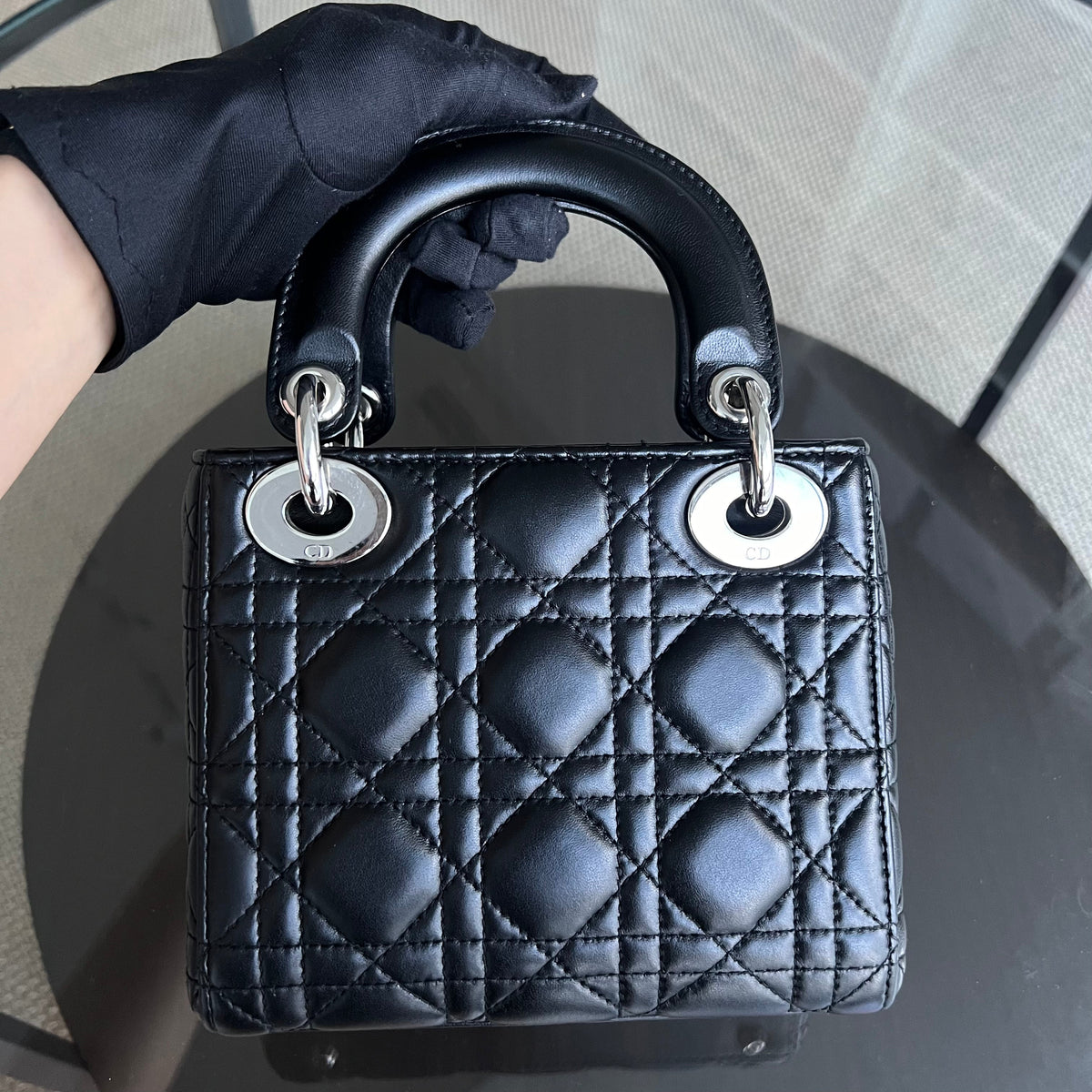Lady Mini Cannage Lambskin Black Silver Hardware Chain Version