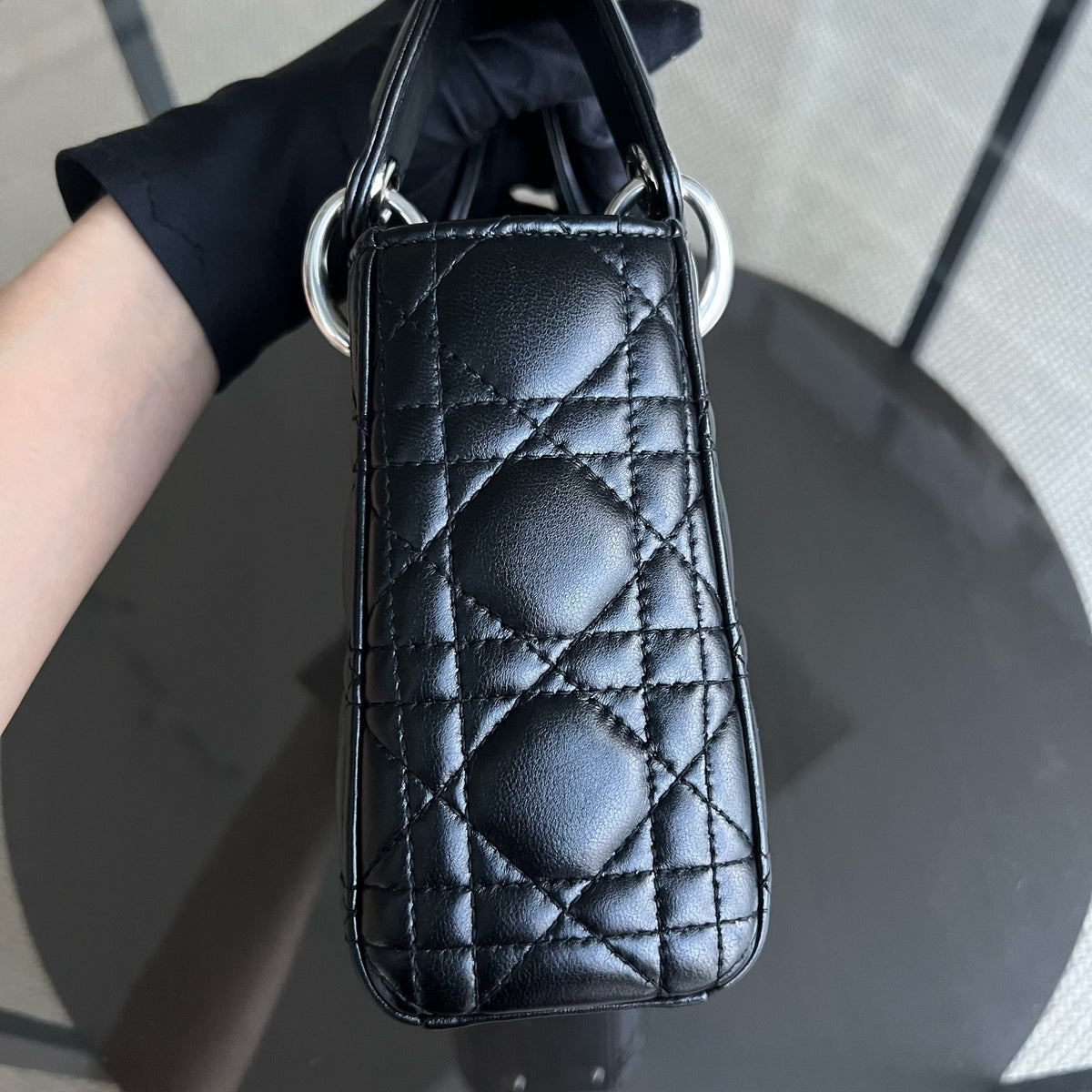 Lady Mini Cannage Lambskin Black Silver Hardware Chain Version