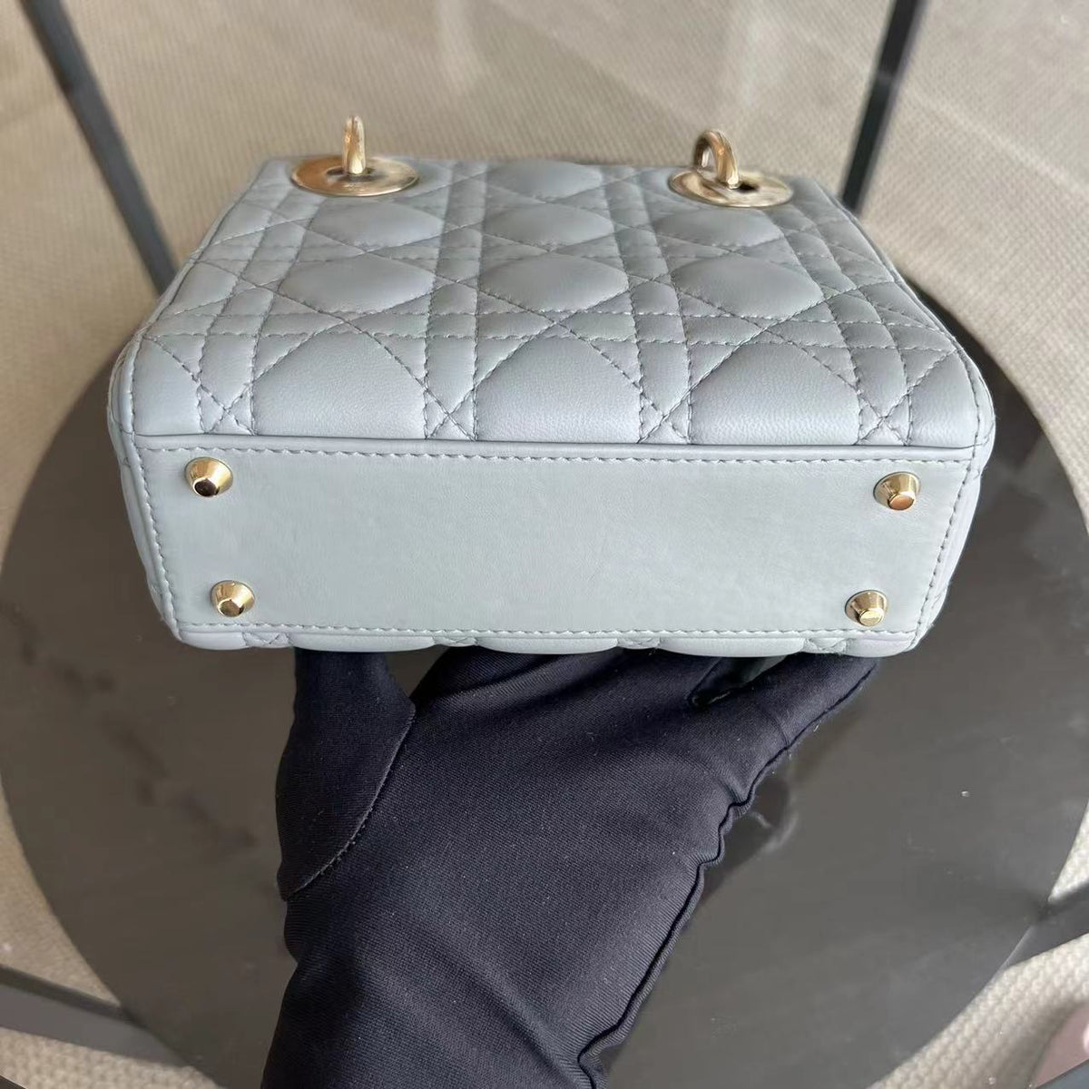 Lady Mini Cannage Lambskin Light Grey Gray Golden Hardware Chain Version