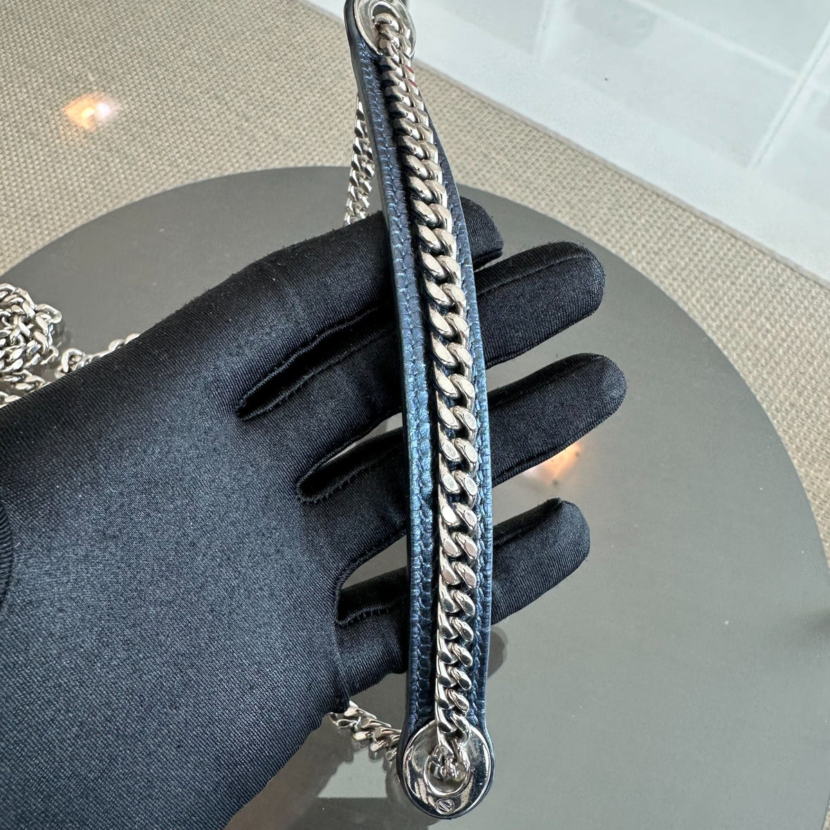 Lady Mini Glazed Calfskin Iridescent Blue Chain Strap SHW