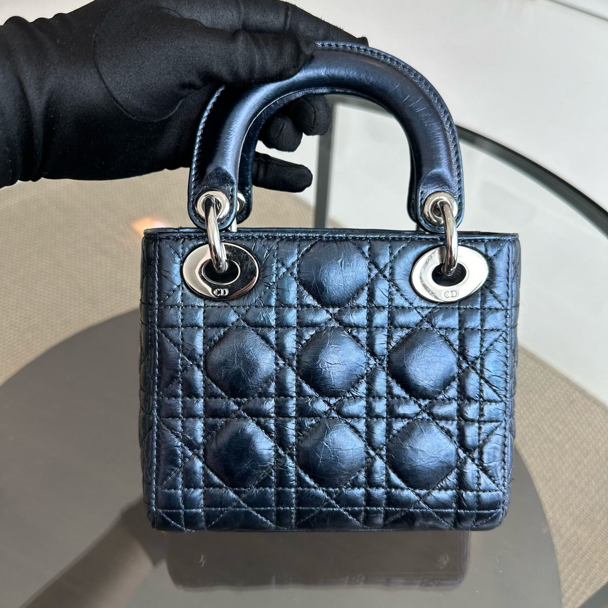 Lady Mini Glazed Calfskin Iridescent Blue Chain Strap SHW
