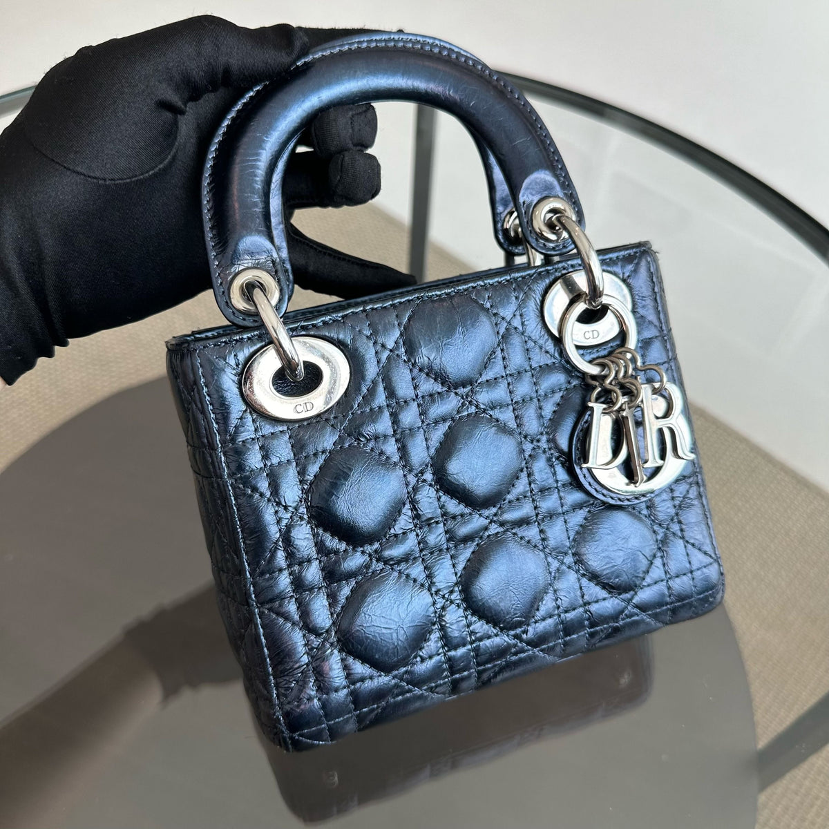 Lady Mini Glazed Calfskin Iridescent Blue Chain Strap SHW