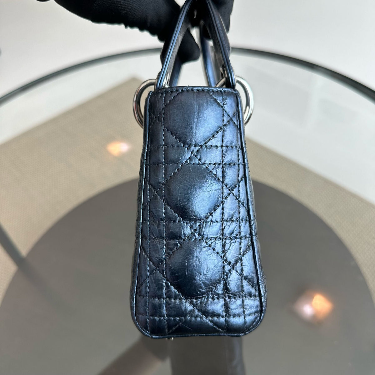 Lady Mini Glazed Calfskin Iridescent Blue Chain Strap SHW