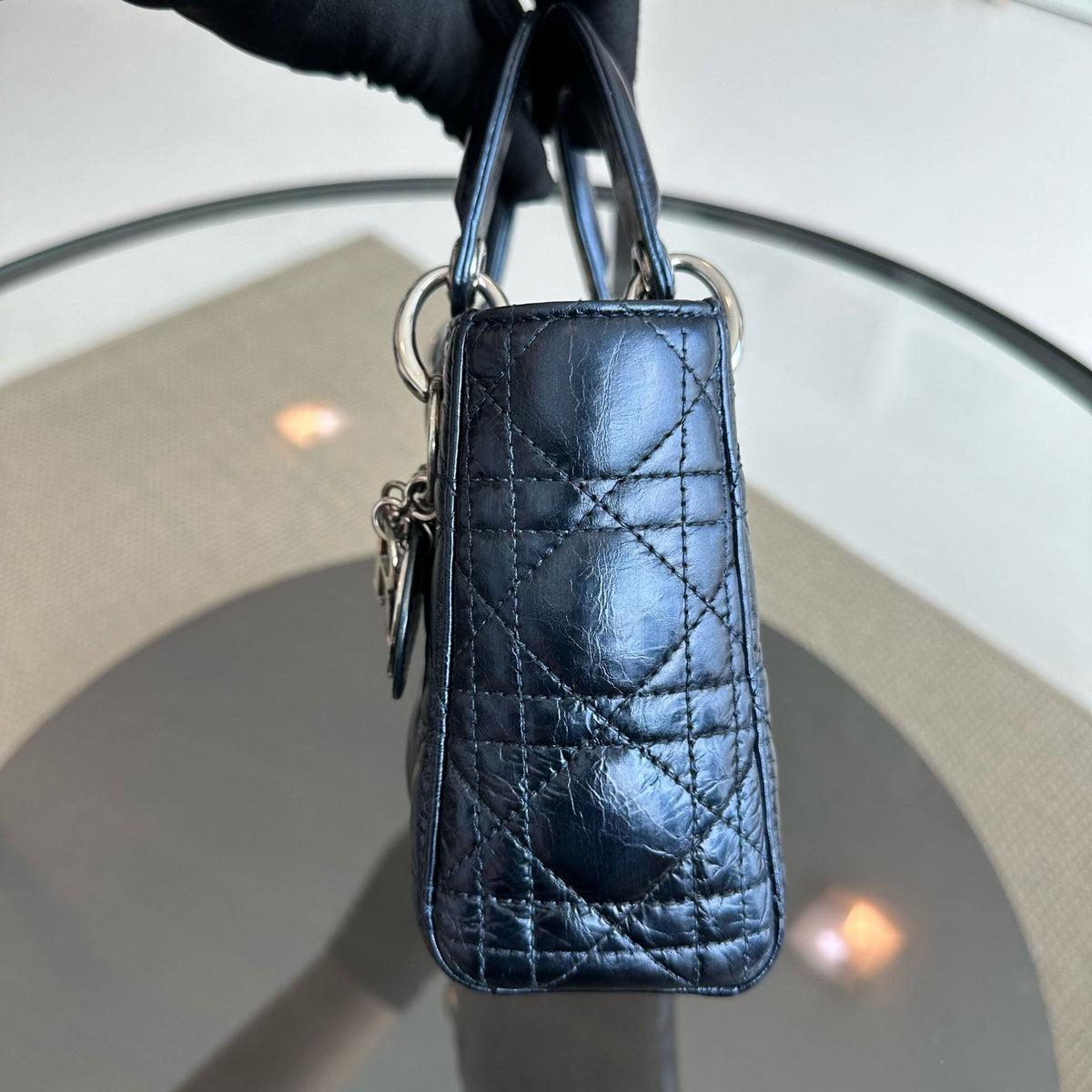 Lady Mini Glazed Calfskin Iridescent Blue Chain Strap SHW