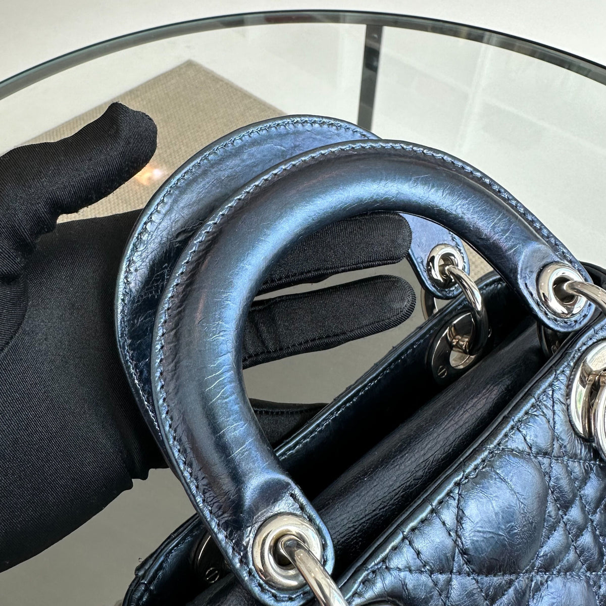 Lady Mini Glazed Calfskin Iridescent Blue Chain Strap SHW