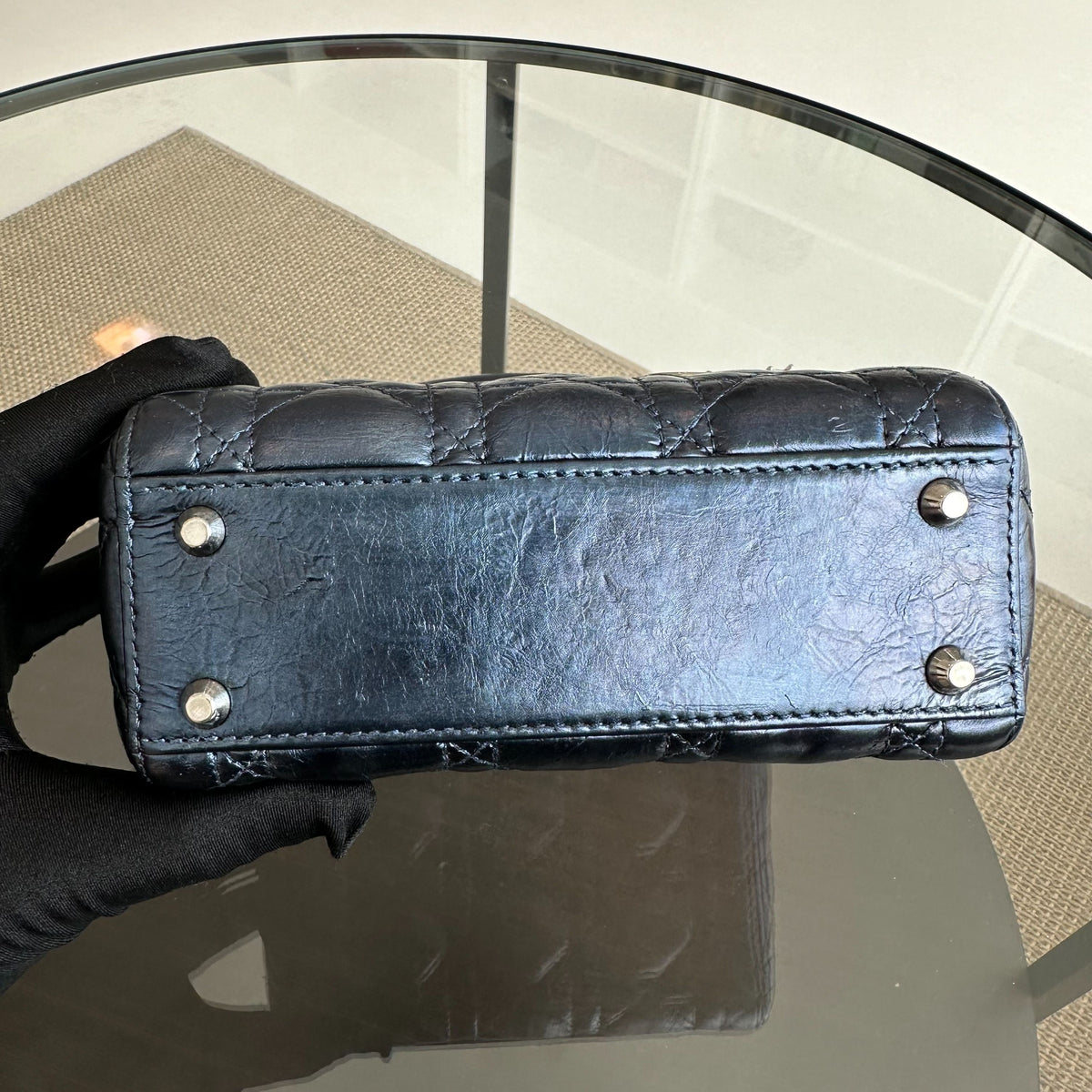 Lady Mini Glazed Calfskin Iridescent Blue Chain Strap SHW