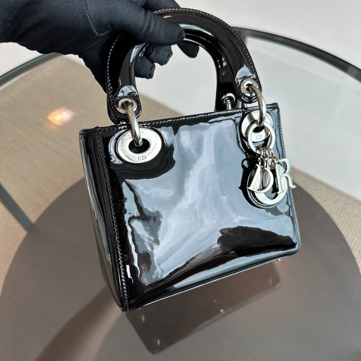 Lady Mini Glazed Calfskin Patent Leather Black SHW