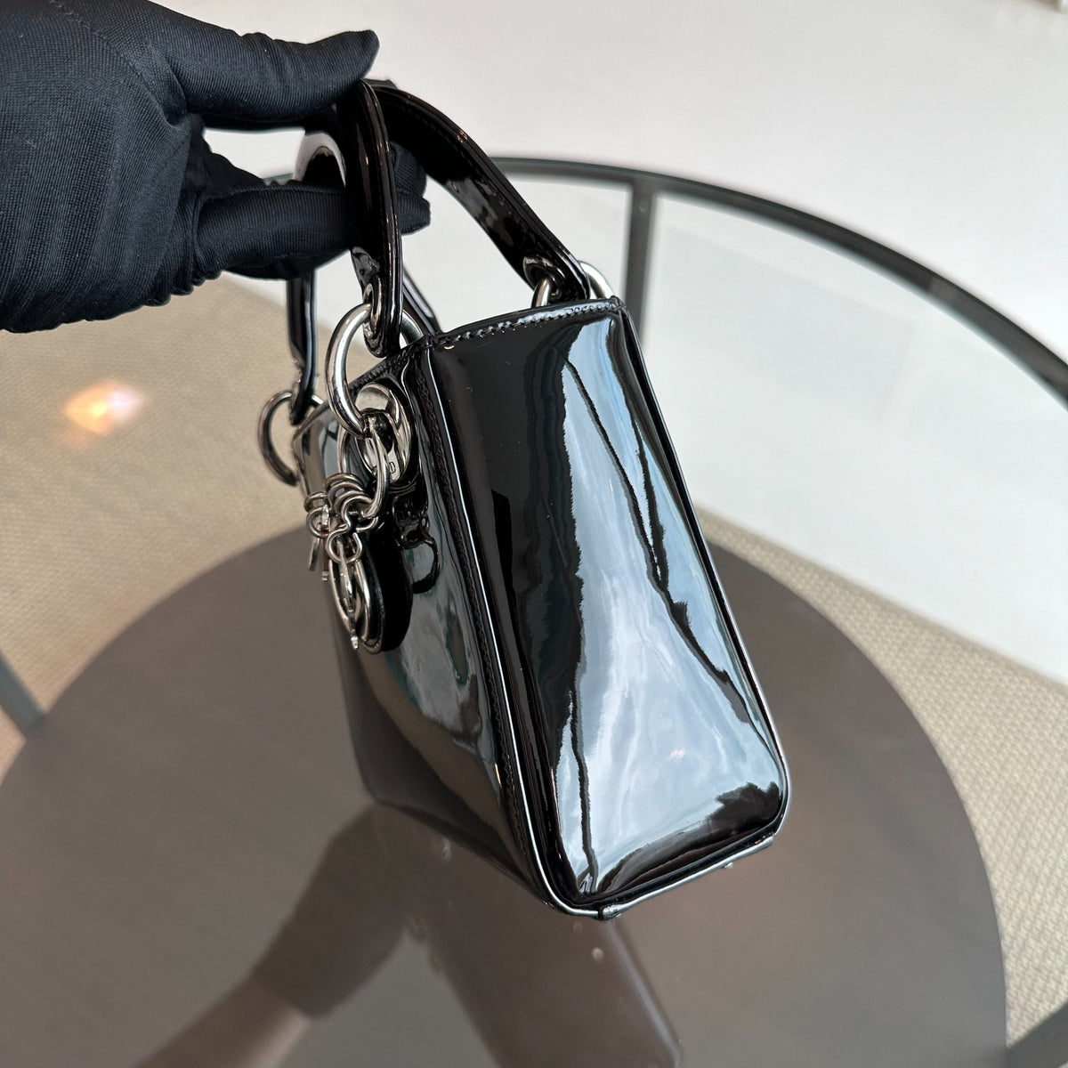 Lady Mini Glazed Calfskin Patent Leather Black SHW