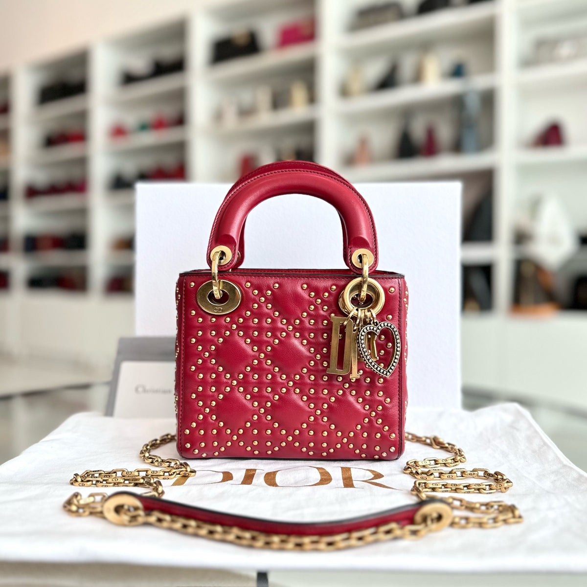 Lady Mini Lambskin Studded Chain Strap Red GHW