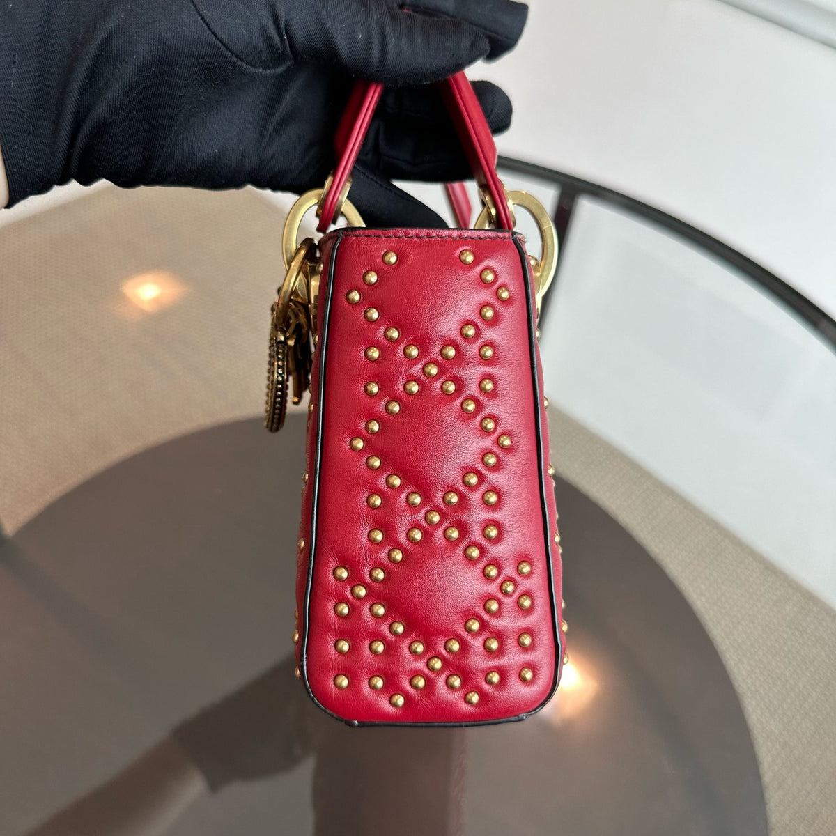 Lady Mini Lambskin Studded Chain Strap Red GHW