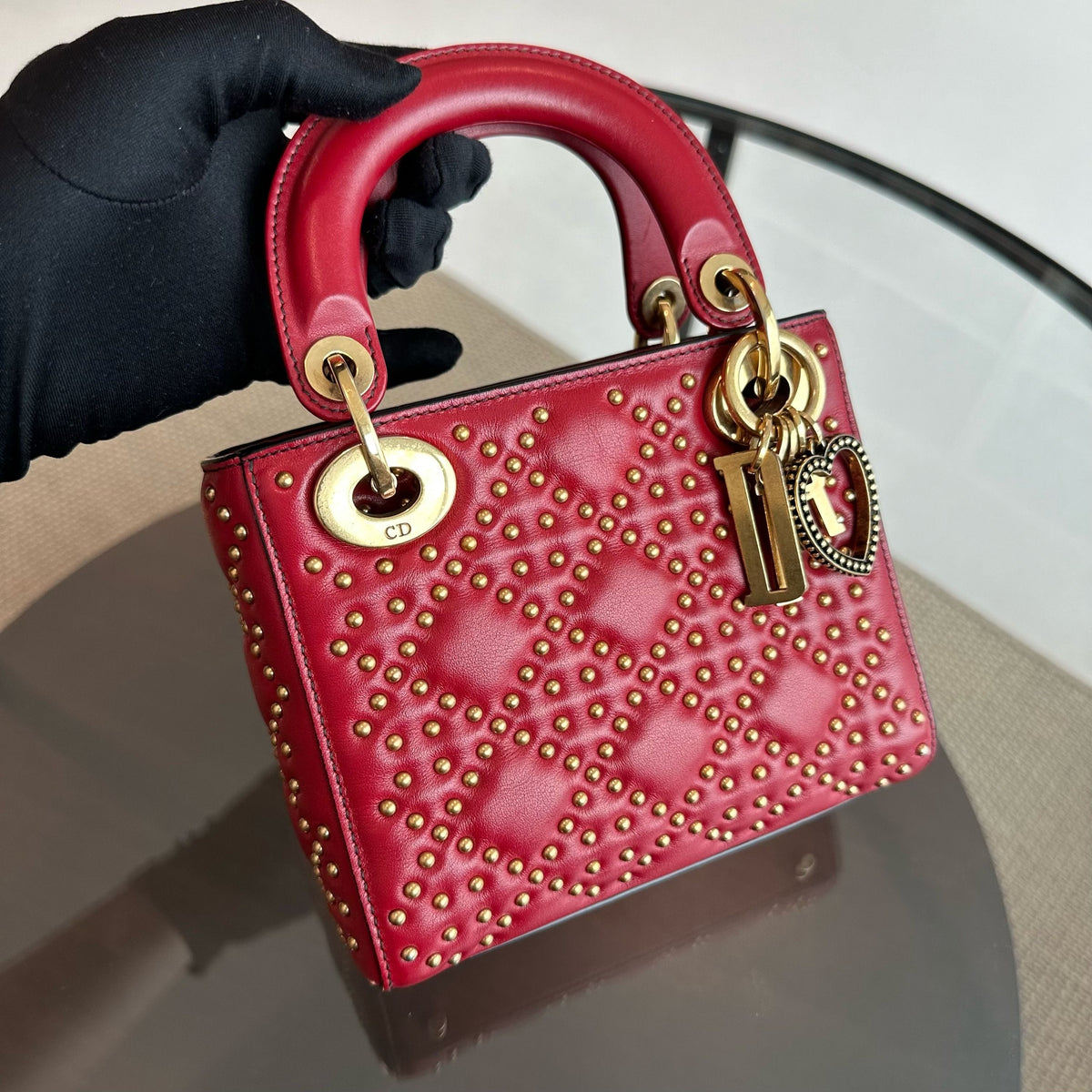 Lady Mini Lambskin Studded Chain Strap Red GHW