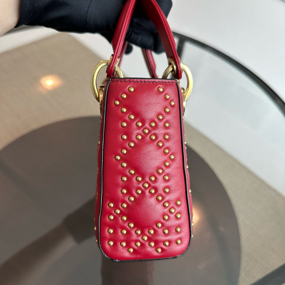 Lady Mini Lambskin Studded Chain Strap Red GHW
