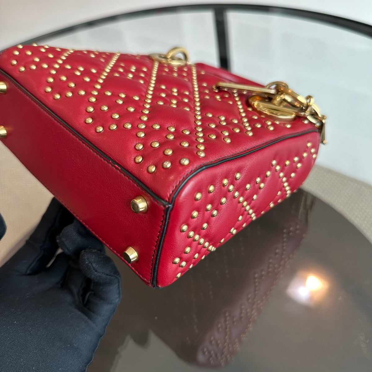 Lady Mini Lambskin Studded Chain Strap Red GHW