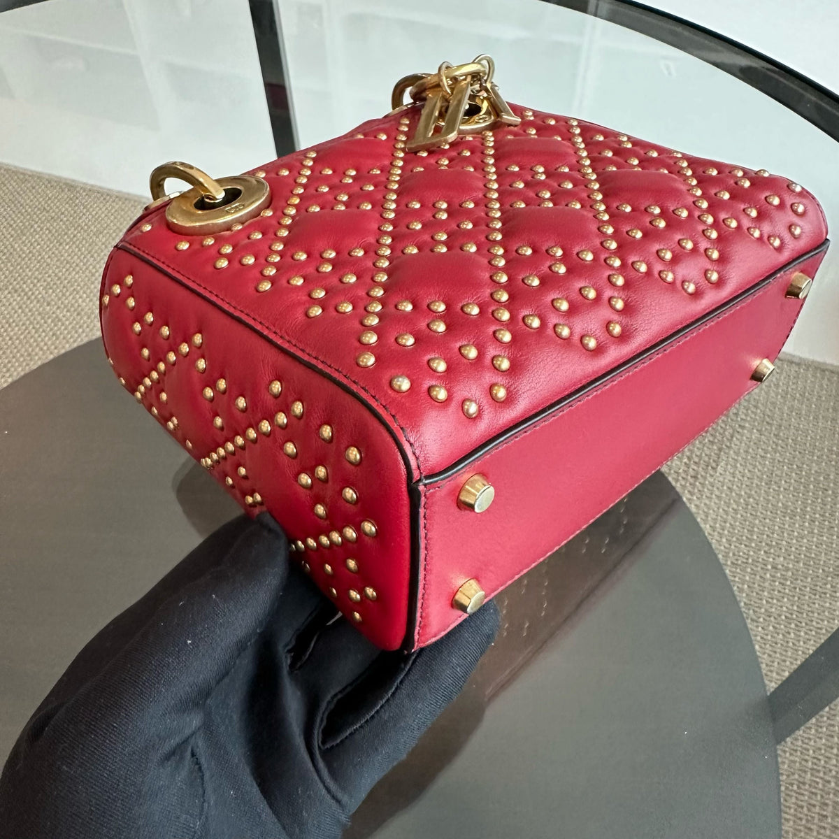 Lady Mini Lambskin Studded Chain Strap Red GHW