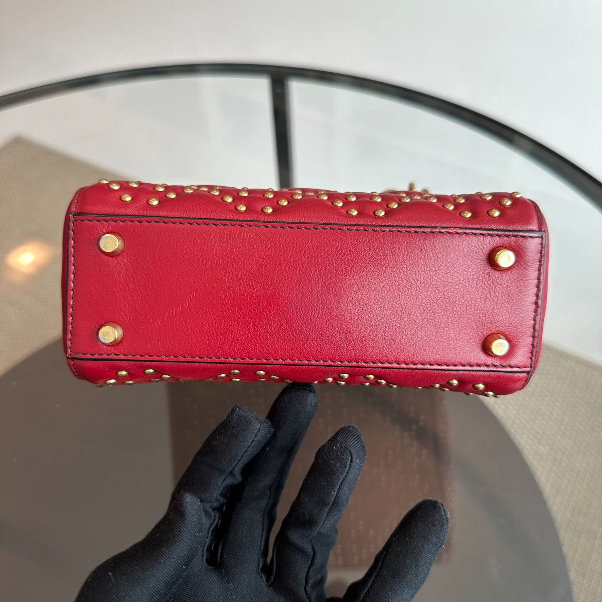 Lady Mini Lambskin Studded Chain Strap Red GHW