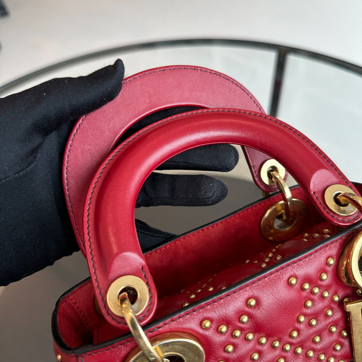 Lady Mini Lambskin Studded Chain Strap Red GHW