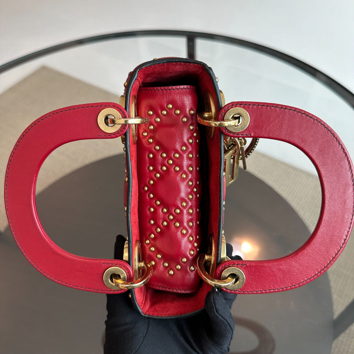 Lady Mini Lambskin Studded Chain Strap Red GHW