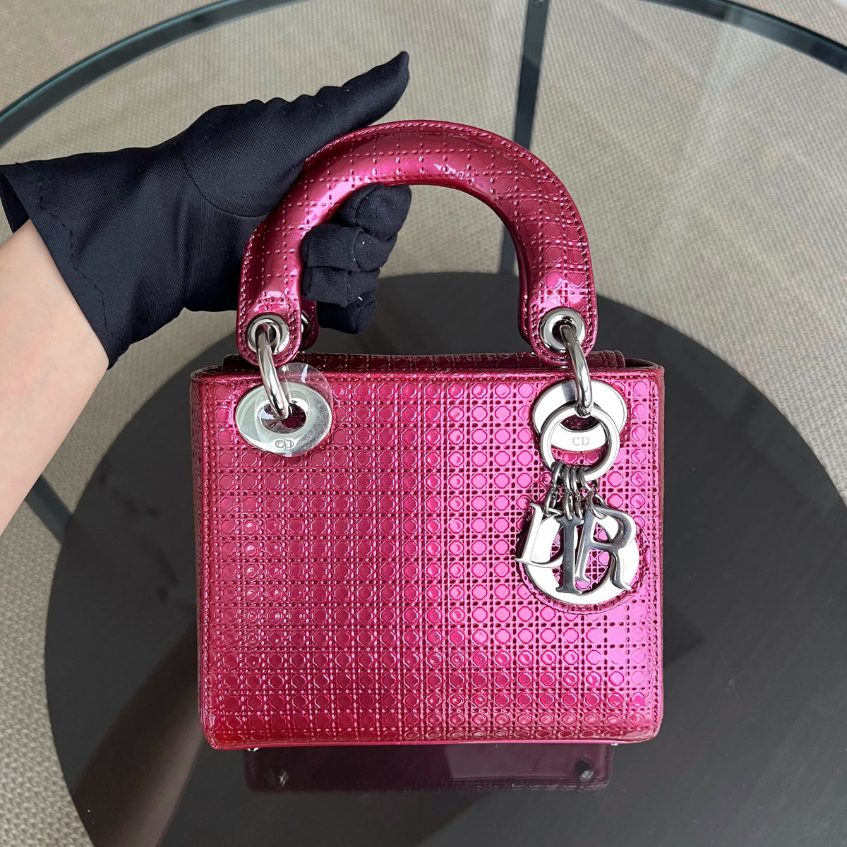Dior Lady Mini - Micro-Cannage Dark Pink Silver Hardware Adjustable Strap