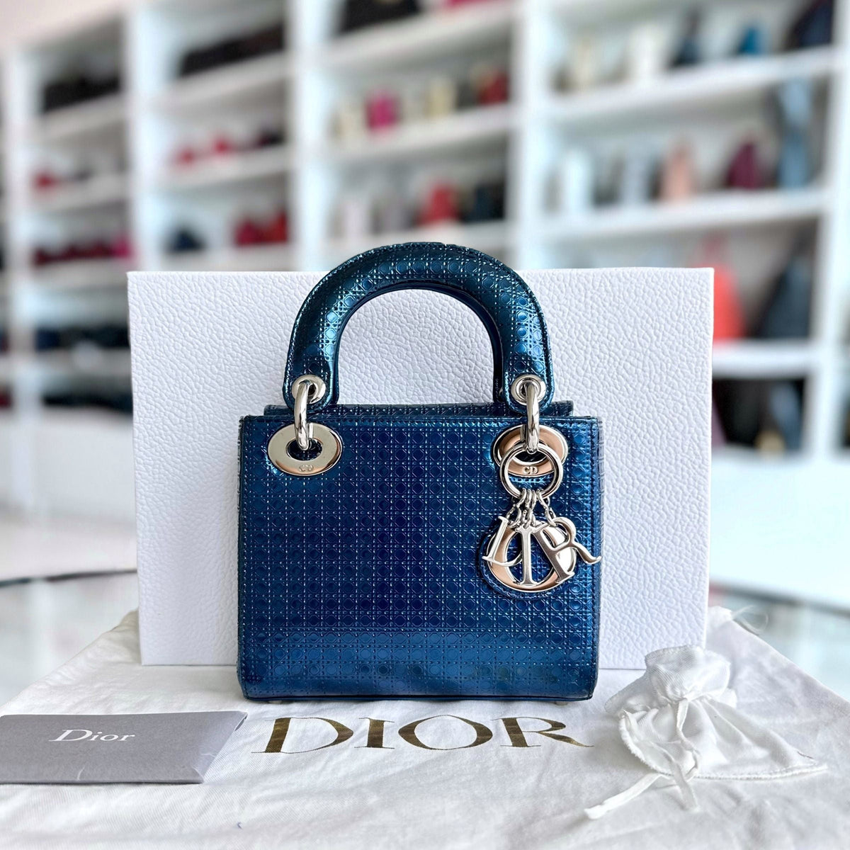 Lady Mini Micro-Cannage Glazed Calfskin Blue SHW