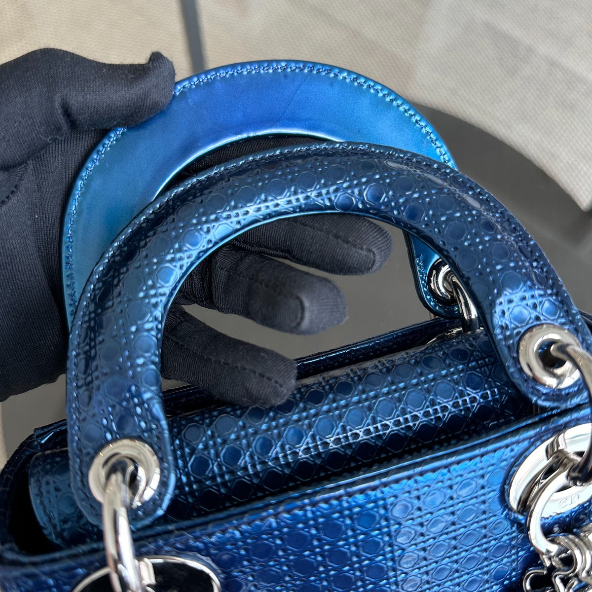 Lady Mini Micro-Cannage Glazed Calfskin Blue SHW