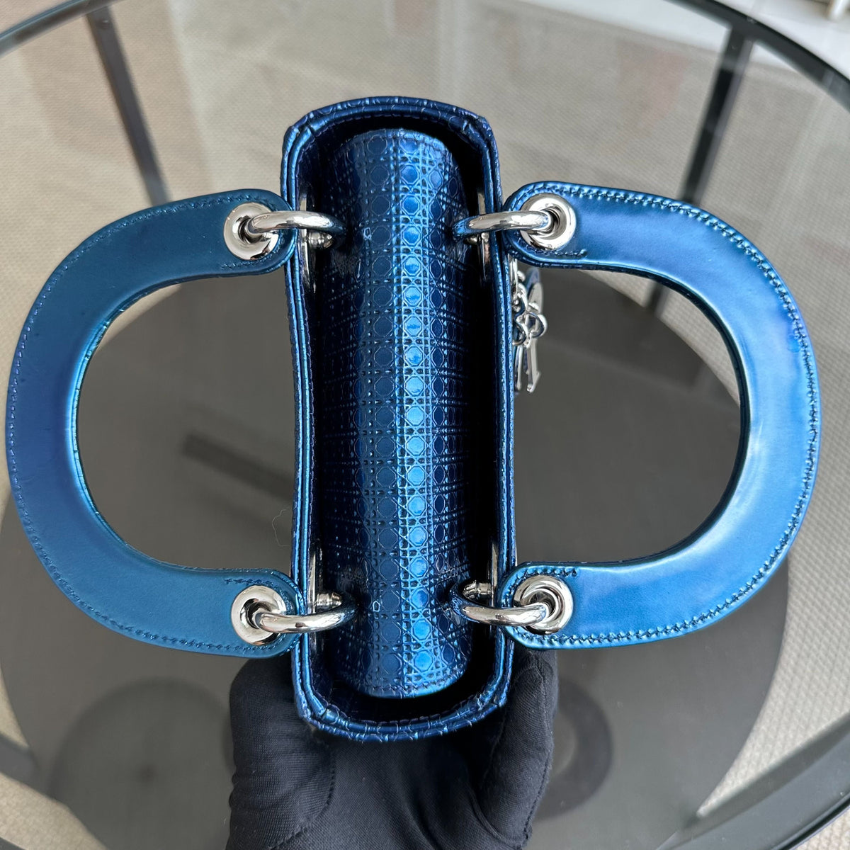 Lady Mini Micro-Cannage Glazed Calfskin Blue SHW