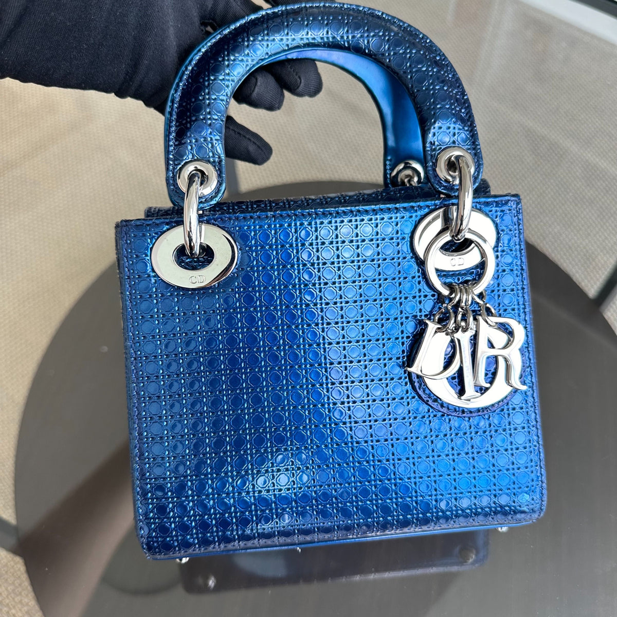 Lady Mini Micro-Cannage Glazed Calfskin Blue SHW