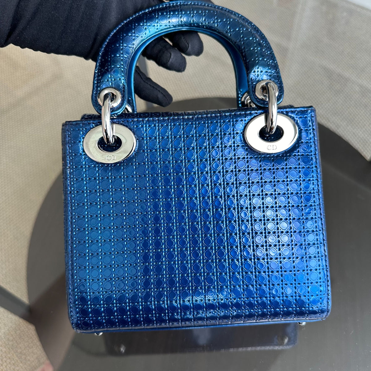 Lady Mini Micro-Cannage Glazed Calfskin Blue SHW