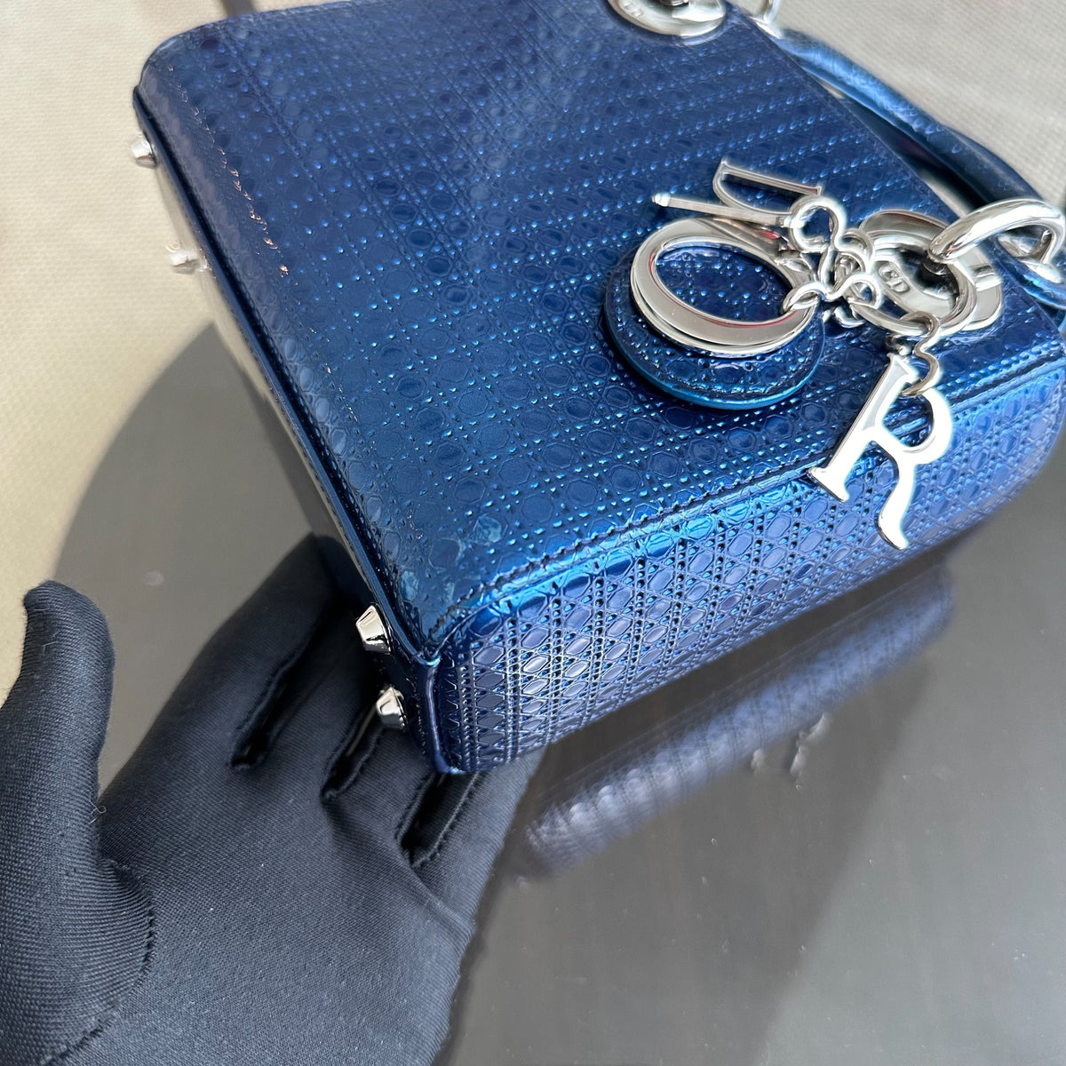 Lady Mini Micro-Cannage Glazed Calfskin Blue SHW